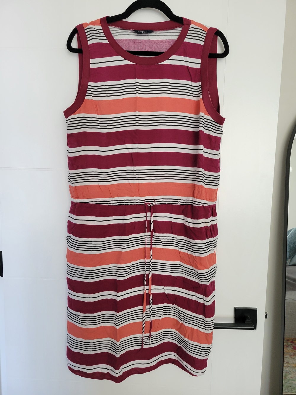 Denver Hayes Striped Sleeveless Drawstring Dress in Berry and Coral
